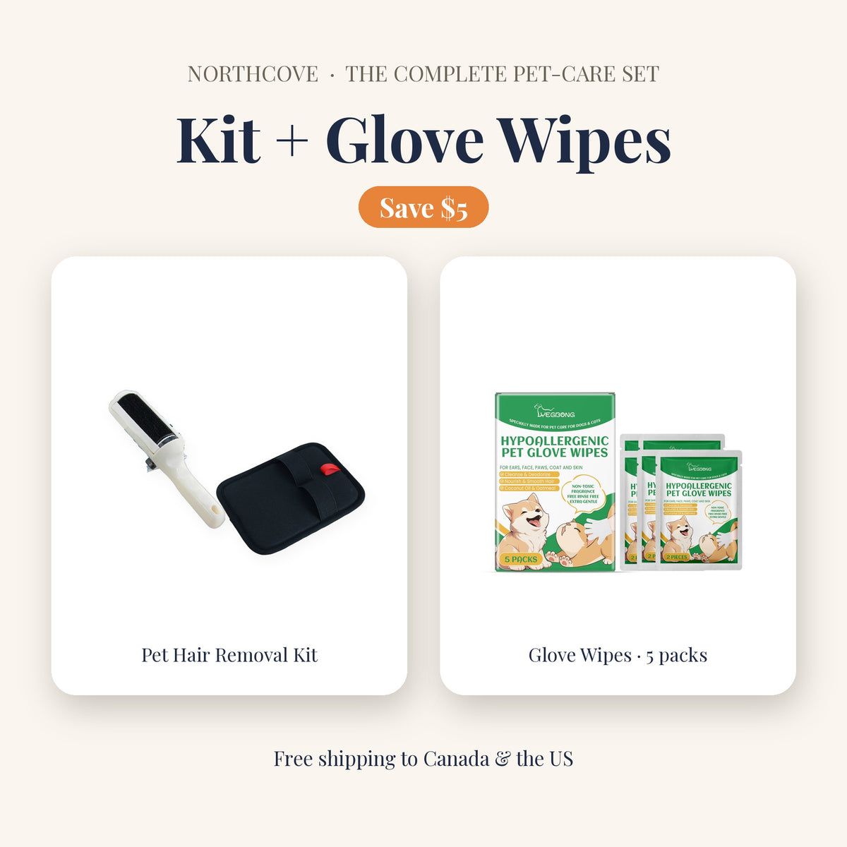 Pet Hair Removal Kit and Glove Wipes bundle